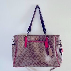 Coach Large Signature Brown and Red Tote Bag